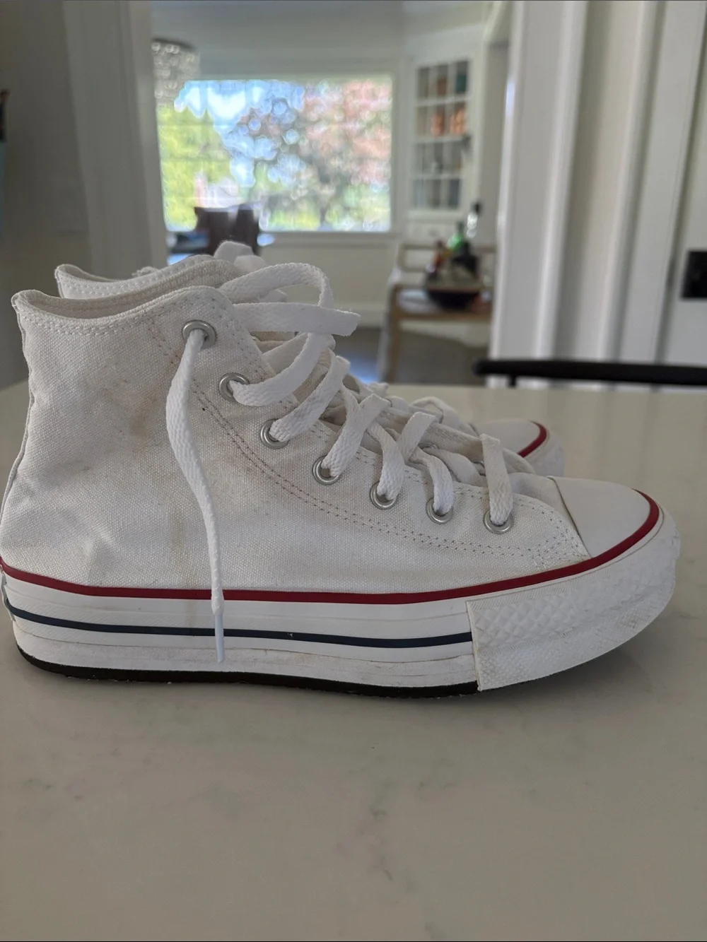 Converse Kid’s Platform White High Top Sneakers with Red & Navy Stripe